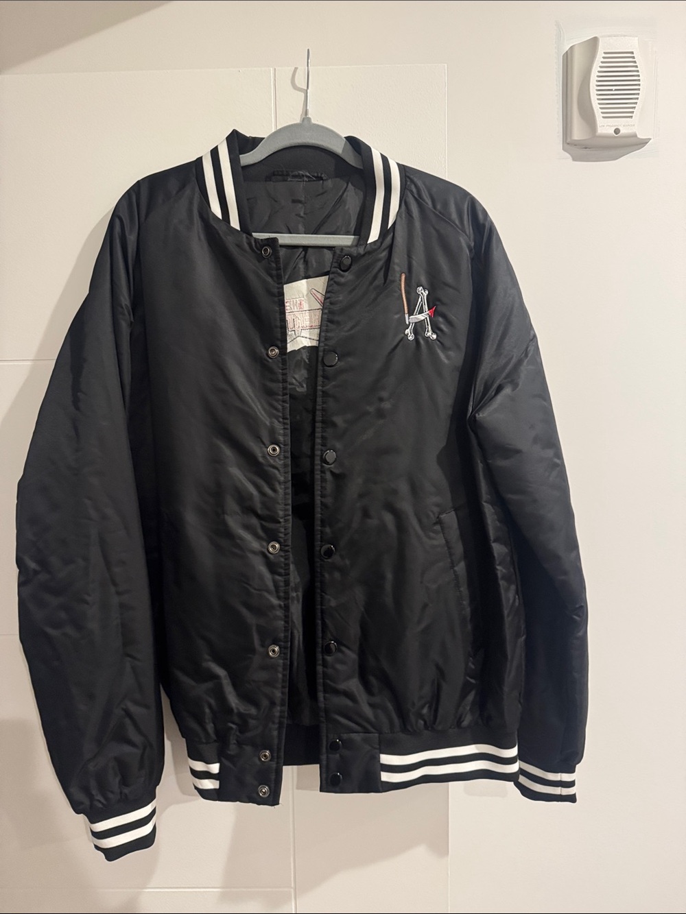 Black Satin Bomber Jacket with White Stripe Trim